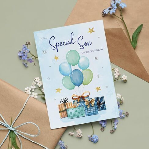 Birthday Card for Son – Blue Balloon & Gift Design A5 Greeting Card with Printed Verse – Premium UK Made Card in Kuwait