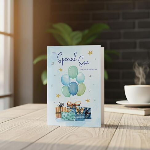 Birthday Card for Son – Blue Balloon & Gift Design A5 Greeting Card with Printed Verse – Premium UK Made Card in Kuwait