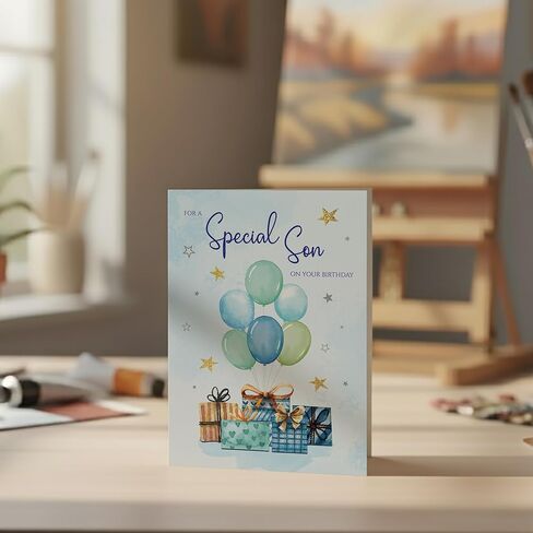 Birthday Card for Son – Blue Balloon & Gift Design A5 Greeting Card with Printed Verse – Premium UK Made Card in Kuwait