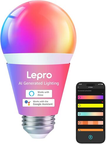 Lepro B1 AI Smart Light Bulbs - WiFi & Bluetooth RGBWW Color Changing LED Bulb Compatible with Alexa & Google Assistant, AI Generated Lighting, AI Voice Control, Music Sync, 2.4GHz Only, 2 Packs in Kuwait