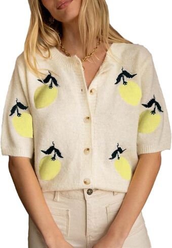 Women's Lemon Embroidery Sweater Cardigan Cute Summer Short Sleeve Button Down Knitwear Tops in Kuwait