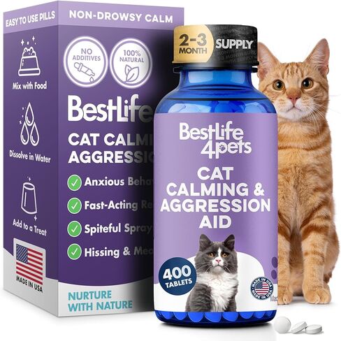 BestLife4Pets Peaceful Paws Cat Calming Pills Aggression & Anxiety Management for Stress, Spraying, Territorial Behavior - Natural Calming Solution for Cats - Non-Drowsy Relief in Kuwait