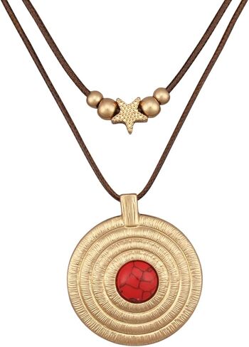 Boho Necklaces for Women Chunky Circle Necklace Layered Boho Circle Leather Choker Necklace Long Vintage Necklaces Bohemian Jewlery Gifts in Kuwait