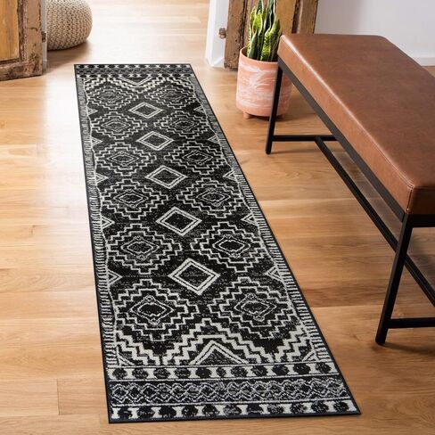 Rugshop Southwestern Black and White Tribal Area Rug Geometric Diamond Pattern Carpet for Hallway,Living Room,Kitchen Bedroom, or Entryway – Boho Rustic Soft Floor Decor 2' 3" x 8' Runner Black in Saudi Arabia