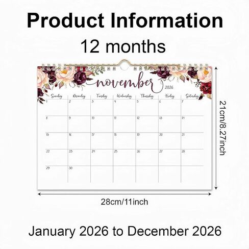 تقويم حائط 2026 - تقويم جداري لمدة 12 شهرًا يناير 2026 - ديسمبر 2026، 28 × 21 سم، تصميم زهور بسيط مبتكر، مناسب للتعليق على الحائط، لتنظيم تخطيط المكاتب المنزلية والمدرسة. in Kuwait