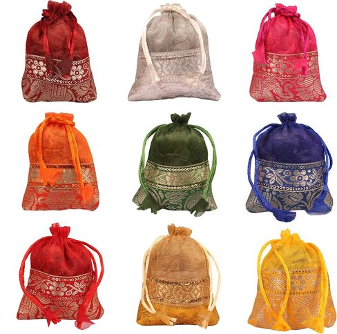 Touchstone Drawstring Bags Traditional Indian Handcrafted in Elephant Pattern Brocade fabric. Perfect for Gifts Jewelry Weddings Sweet Distribution Set of 20 Vibrant Multicolor Pouches Purses Potli. in Kuwait