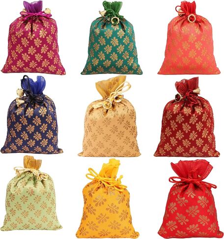 Touchstone Drawstring Bags Traditional Indian Handcrafted in Elephant Pattern Brocade fabric. Perfect for Gifts Jewelry Weddings Sweet Distribution Set of 20 Vibrant Multicolor Pouches Purses Potli. in Kuwait