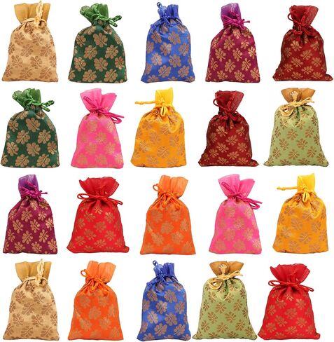 Touchstone Drawstring Bags Traditional Indian Handcrafted in Elephant Pattern Brocade fabric. Perfect for Gifts Jewelry Weddings Sweet Distribution Set of 20 Vibrant Multicolor Pouches Purses Potli. in Kuwait