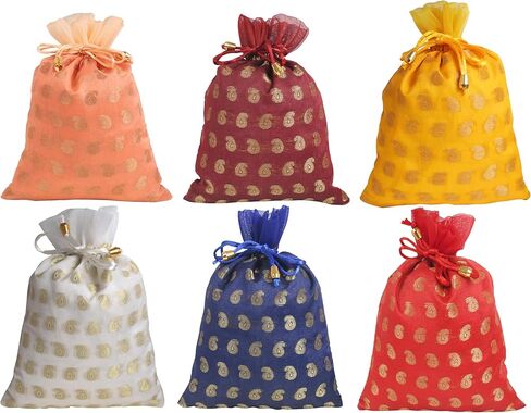 Touchstone Drawstring Bags Traditional Indian Handcrafted in Elephant Pattern Brocade fabric. Perfect for Gifts Jewelry Weddings Sweet Distribution Set of 20 Vibrant Multicolor Pouches Purses Potli. in Kuwait