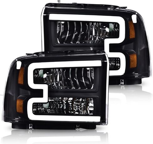 مجموعة المصابيح الأمامية مع شريط LED DRL متوافق مع Ford F250 F350 F450 F550 Super Duty 2005 2006 2007 مصباح أمامي ذو عدسة شفافة غطاء أسود عاكس كهرماني in Saudi Arabia