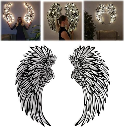 1 زوج أجنحة الملاك ديكور فني جداري معدني مع أضواء LED، 2023 جديد 3D أجنحة الملاك منحوتات الحائط الديكور، DIY جدار الفن المعدني ديكور معلق، للمنزل غرفة نوم غرفة المعيشة حديقة مكتب (D-18 بوصة) in Kuwait
