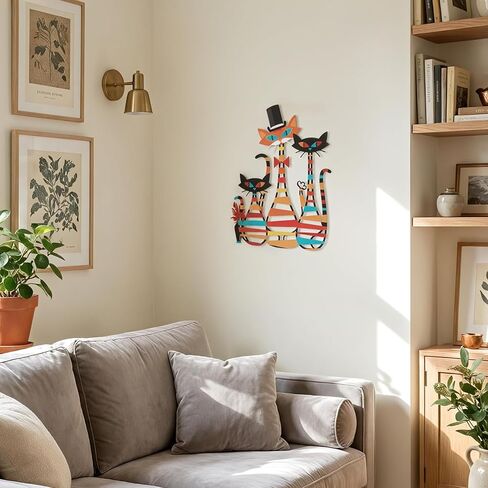 WOPARTY Metal Wall Art Cats Decor, 15.5 x 12.2 Inch Colorful Laser Cut Cat Silhouettes, Modern Wall Sculpture with Mounting Hardware, 0.2 Inch Offset in Kuwait