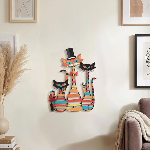 WOPARTY Metal Wall Art Cats Decor, 15.5 x 12.2 Inch Colorful Laser Cut Cat Silhouettes, Modern Wall Sculpture with Mounting Hardware, 0.2 Inch Offset in Kuwait