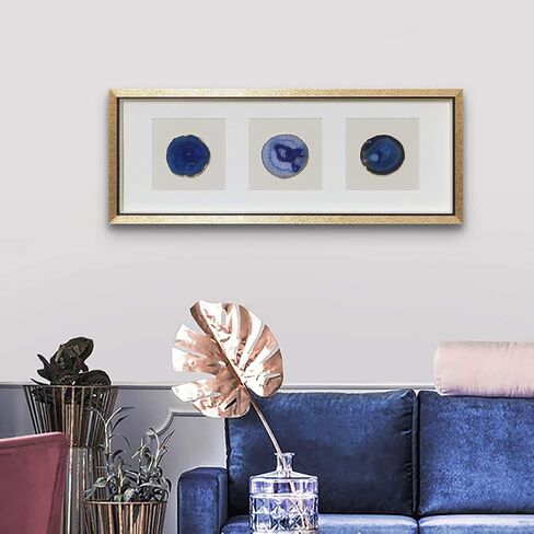 ARTECORS Modern 13x34 inch Trio Blue Agate Framed Wall Art 4 inch Golden Plated Geode Stone Artwork for Living Room Bedroom Home Décor in Saudi Arabia