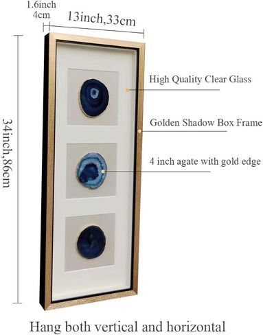 ARTECORS Modern 13x34 inch Trio Blue Agate Framed Wall Art 4 inch Golden Plated Geode Stone Artwork for Living Room Bedroom Home Décor in Saudi Arabia