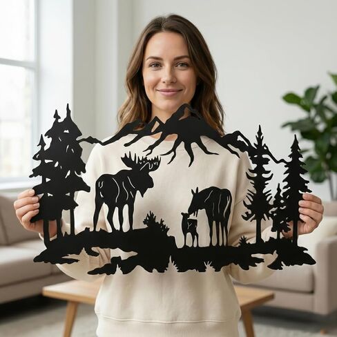 Metal Wall Art, Moose Art, Nature Wall Art, Tree Decor, Home Living Room Wall Decoration (24"W x 10"H / 60x26 cm) in Kuwait