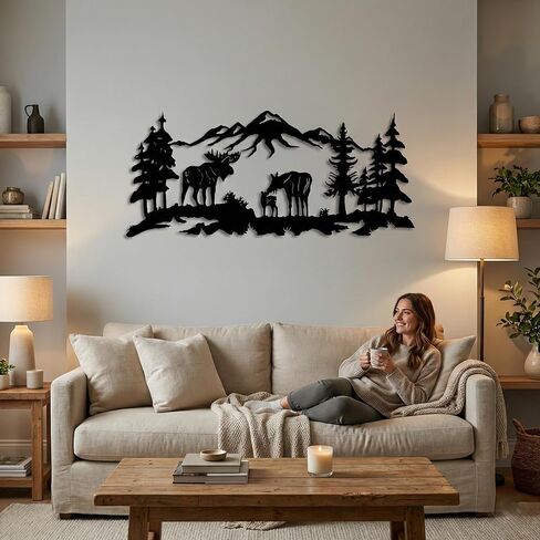 Metal Wall Art, Moose Art, Nature Wall Art, Tree Decor, Home Living Room Wall Decoration (24"W x 10"H / 60x26 cm) in Kuwait