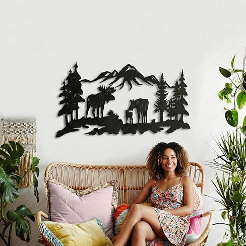 Metal Wall Art, Moose Art, Nature Wall Art, Tree Decor, Home Living Room Wall Decoration (24"W x 10"H / 60x26 cm) in Kuwait