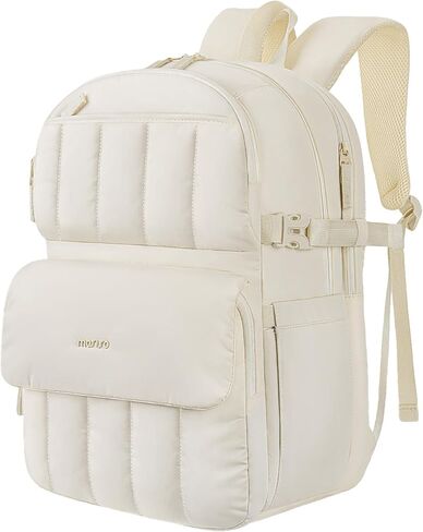 MOSISO Puffy Laptop Backpack for Women, 15.6 inch Lightweight Computer Bookbag Carry on Daypack with Flap Pocket, Travel Backpack Personal Item Bag for Commute Weekender College Work Business, Beige in Saudi Arabia