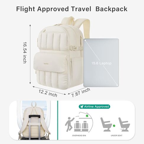 MOSISO Puffy Laptop Backpack for Women, 15.6 inch Lightweight Computer Bookbag Carry on Daypack with Flap Pocket, Travel Backpack Personal Item Bag for Commute Weekender College Work Business, Beige in Saudi Arabia