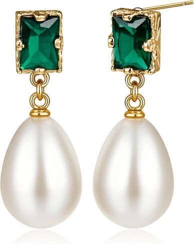 أقراط متدلية من الزمرد واللؤلؤ، أقراط عتيقة مطلية بالذهب عيار 14 قيراط للنساء، أقراط متدلية على شكل دمعة هدية مجوهرات in Kuwait