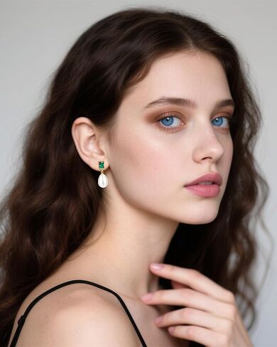 أقراط متدلية من الزمرد واللؤلؤ، أقراط عتيقة مطلية بالذهب عيار 14 قيراط للنساء، أقراط متدلية على شكل دمعة هدية مجوهرات in Kuwait