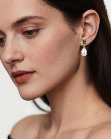 أقراط متدلية من الزمرد واللؤلؤ، أقراط عتيقة مطلية بالذهب عيار 14 قيراط للنساء، أقراط متدلية على شكل دمعة هدية مجوهرات in Kuwait