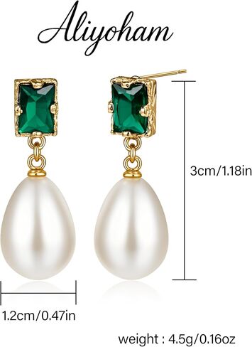 أقراط متدلية من الزمرد واللؤلؤ، أقراط عتيقة مطلية بالذهب عيار 14 قيراط للنساء، أقراط متدلية على شكل دمعة هدية مجوهرات in Kuwait