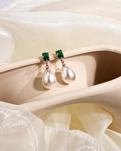 أقراط متدلية من الزمرد واللؤلؤ، أقراط عتيقة مطلية بالذهب عيار 14 قيراط للنساء، أقراط متدلية على شكل دمعة هدية مجوهرات in Kuwait