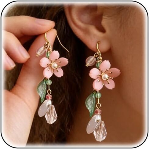 Pink Flower Earrings Spring Pink Cherry Blossom Flower floral Dangle Earrings for Women in Kuwait