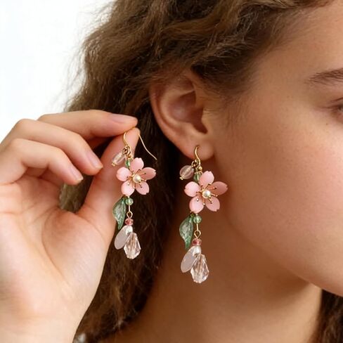 Pink Flower Earrings Spring Pink Cherry Blossom Flower floral Dangle Earrings for Women in Kuwait