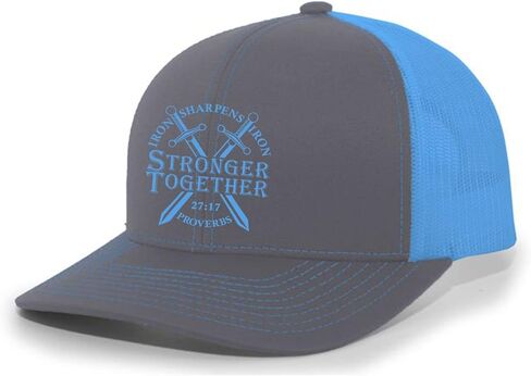Christian Stronger Together Nails Iron Sharpens Iron Proverbs 27:17 قبعة سائق الشاحنة مطرزة شبكيًا من الخلف، فحمي/أزرق نيون in Saudi Arabia