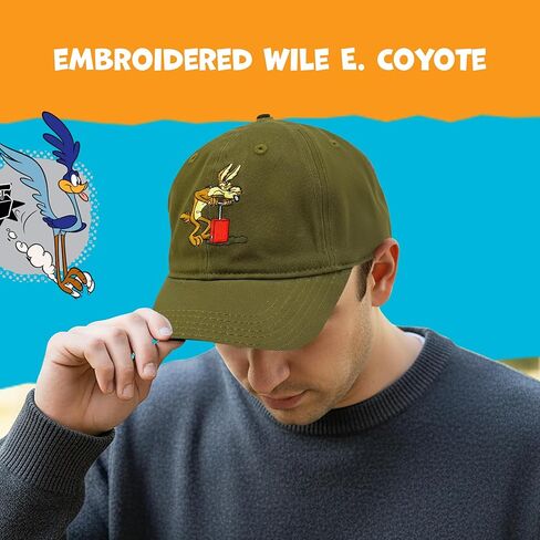 Looney Tunes Baseball Cap, Wile E. Coyote and Road Runner Adult Adjustable Cotton Dad Hat with Curved Brim for Men and Women, Olive, One Size in Saudi Arabia