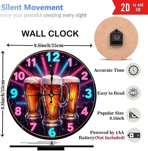 Simulate LED Optical Effects Neon Clock with Beer Mugs Design for Bar Decor10-Inch Wooden Wall Clock, Silent Movement, Battery Operated (AA Batteries Not Included), Artistic Home Decor in Saudi Arabia