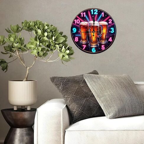 Simulate LED Optical Effects Neon Clock with Beer Mugs Design for Bar Decor10-Inch Wooden Wall Clock, Silent Movement, Battery Operated (AA Batteries Not Included), Artistic Home Decor in Saudi Arabia