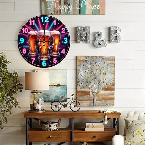 Simulate LED Optical Effects Neon Clock with Beer Mugs Design for Bar Decor10-Inch Wooden Wall Clock, Silent Movement, Battery Operated (AA Batteries Not Included), Artistic Home Decor in Saudi Arabia