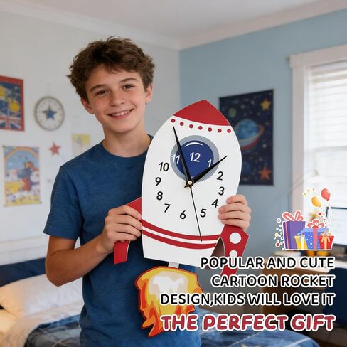 Large 3D Rocket Wall Clock,Kids Wall Clocks,Mute Wall Clock Silent Hanging Clocks Creative Hanging Clock For Teacher Classrooms Or Children Bedrooms Kids Unique Gifts Pendulum Children's Bedroom in Saudi Arabia