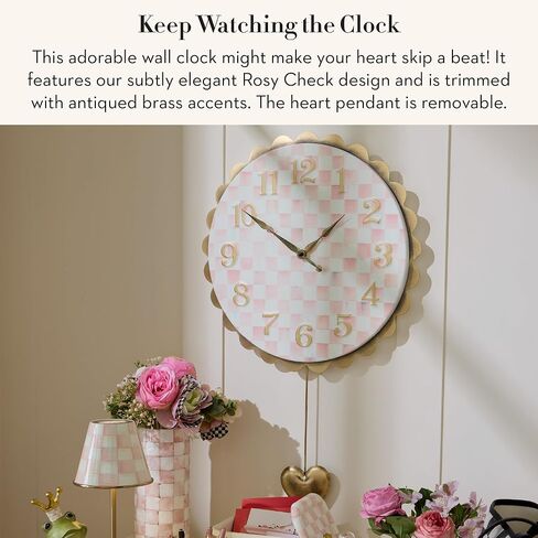 MACKENZIE-CHILDS Heart Pendant Wall Clock, Rustic Home Decor, Pink-and White-Rosy Check in Saudi Arabia