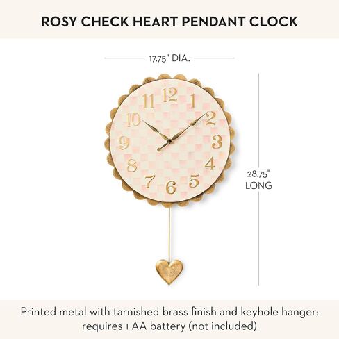 MACKENZIE-CHILDS Heart Pendant Wall Clock, Rustic Home Decor, Pink-and White-Rosy Check in Saudi Arabia