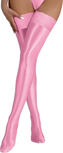 FEOYA Women's Opaque Oil Shiny Lace Top Thigh High Stocking Glossy Pantyhose Silk Tights Sockings for Party Club in Saudi Arabia