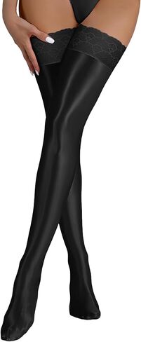 FEOYA Women's Opaque Oil Shiny Lace Top Thigh High Stocking Glossy Pantyhose Silk Tights Sockings for Party Club in Saudi Arabia