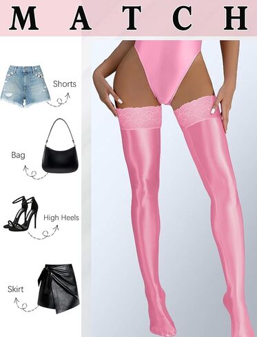 FEOYA Women's Opaque Oil Shiny Lace Top Thigh High Stocking Glossy Pantyhose Silk Tights Sockings for Party Club in Saudi Arabia
