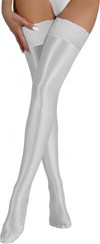 FEOYA Women's Opaque Oil Shiny Lace Top Thigh High Stocking Glossy Pantyhose Silk Tights Sockings for Party Club in Saudi Arabia