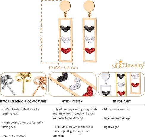 555Jewelry Stainless Steel CZ Heart Trio Dangle Drop Earrings for Women & Ladies in Saudi Arabia