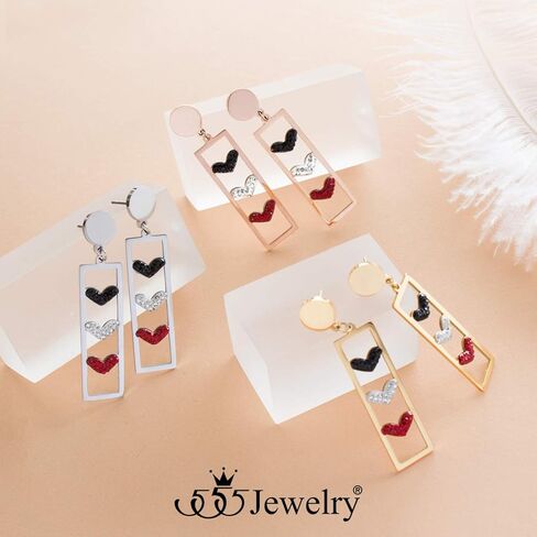 555Jewelry Stainless Steel CZ Heart Trio Dangle Drop Earrings for Women & Ladies in Saudi Arabia