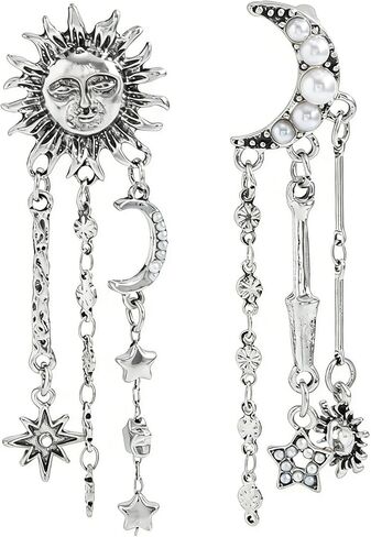 Celestial Sun Moon Star Earrings Dangle Boho Goth Asymmetric Crescent Moon Star Pearl Earrings for Women Vintage Gold Silver Long Tassel Earrings Jewelry Gifts in Saudi Arabia