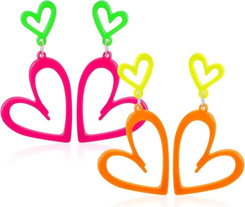 زوجان من الأقراط على شكل قلب نيون، أقراط أكريليك نيون 80s 90s للنساء، أقراط متوهجة باللون الوردي والأصفر لهدايا إكسسوارات الحفلات in Kuwait