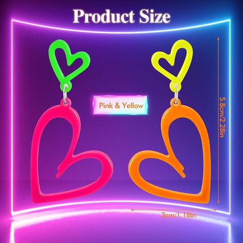 زوجان من الأقراط على شكل قلب نيون، أقراط أكريليك نيون 80s 90s للنساء، أقراط متوهجة باللون الوردي والأصفر لهدايا إكسسوارات الحفلات in Kuwait