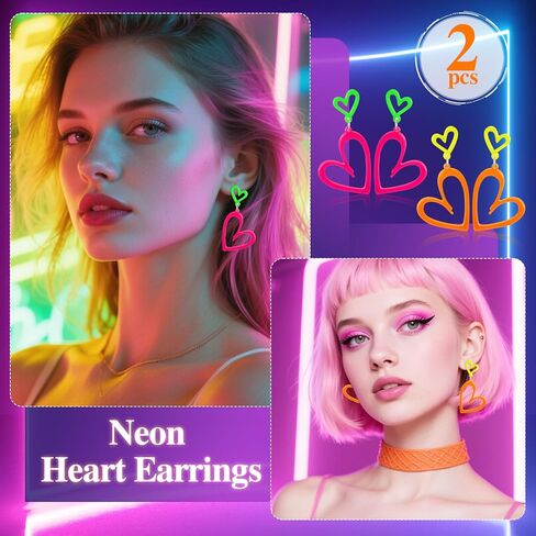 زوجان من الأقراط على شكل قلب نيون، أقراط أكريليك نيون 80s 90s للنساء، أقراط متوهجة باللون الوردي والأصفر لهدايا إكسسوارات الحفلات in Kuwait