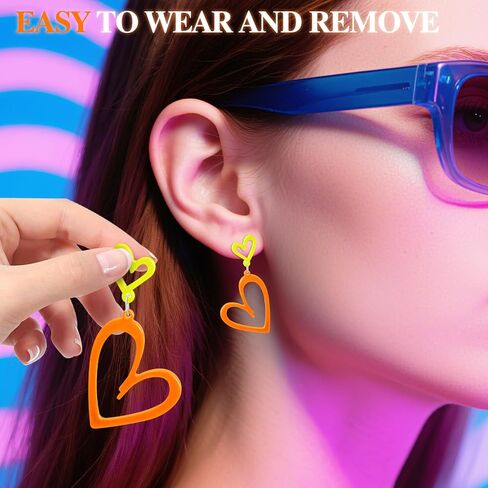 زوجان من الأقراط على شكل قلب نيون، أقراط أكريليك نيون 80s 90s للنساء، أقراط متوهجة باللون الوردي والأصفر لهدايا إكسسوارات الحفلات in Kuwait